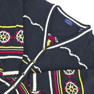 Regatta Sport Nautical Compass Cardigan Men Large V Neck Heavy Knit Cotton Black